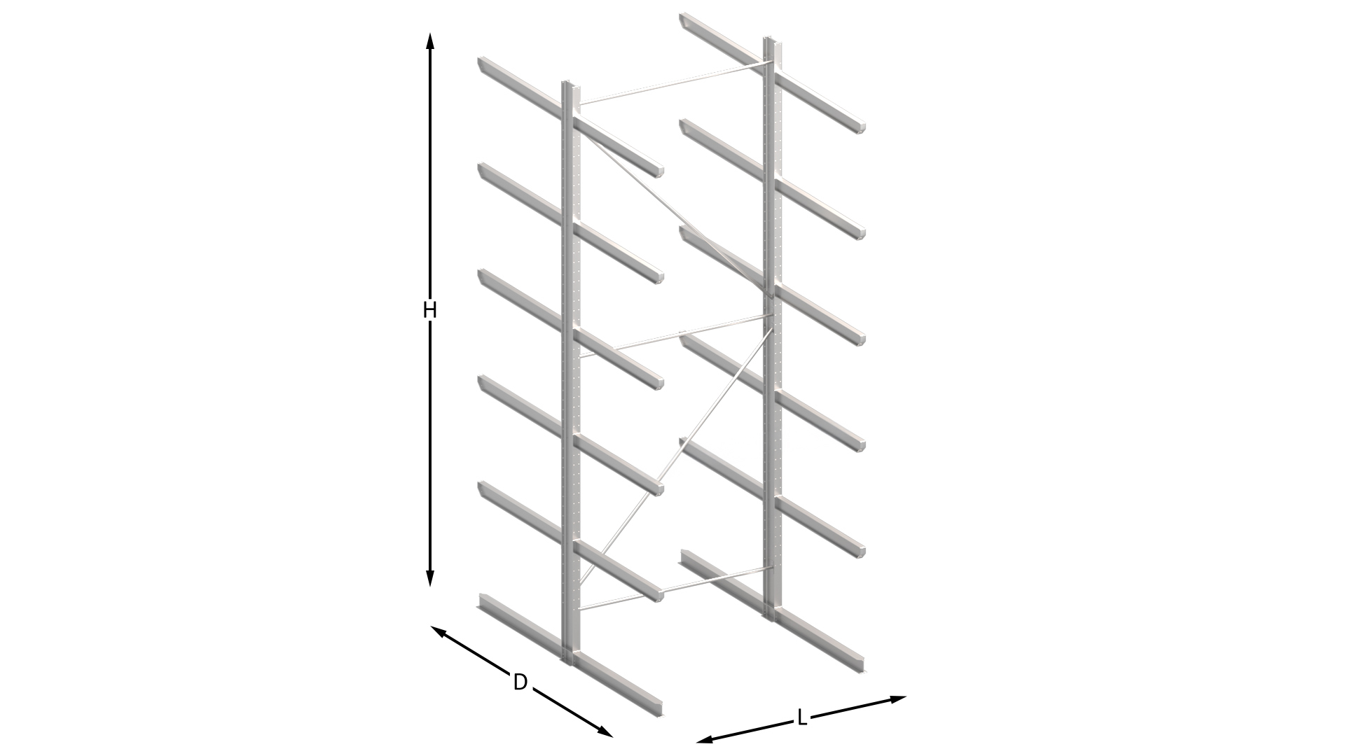 Zware dubbelzijdige draagarmstelling H4500 mm x D1200 mm, 5 niveaus | set vak 750-1500 mm