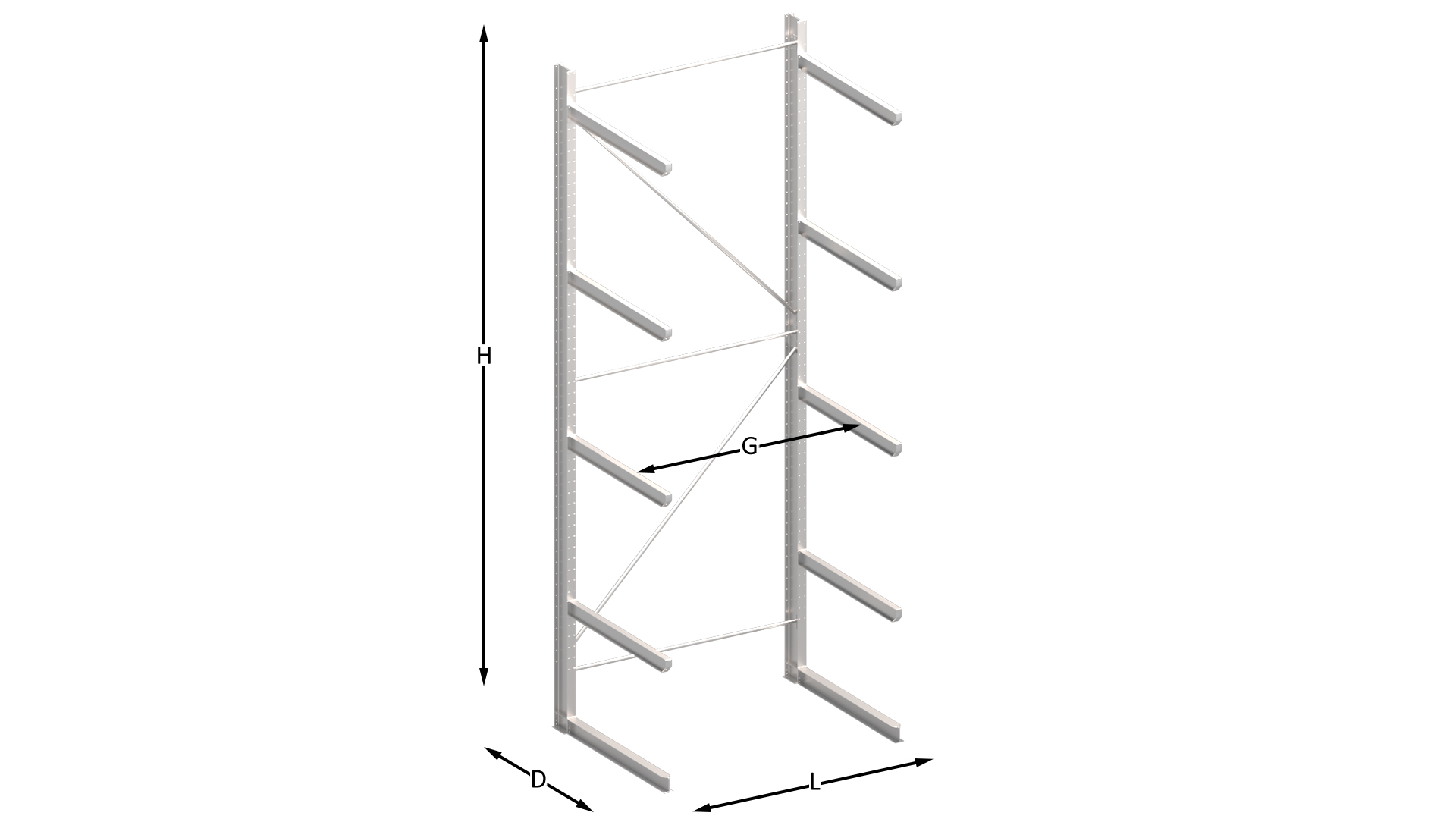 Zware enkelzijdige draagarmstelling H6000 mm x D1200 mm, 4 niveaus | set vak 750-1500 mm